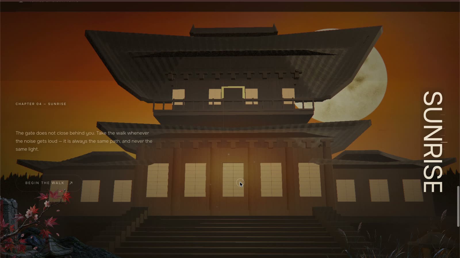 Akari sunrise chapter showing the worship hall lit from inside at first light.